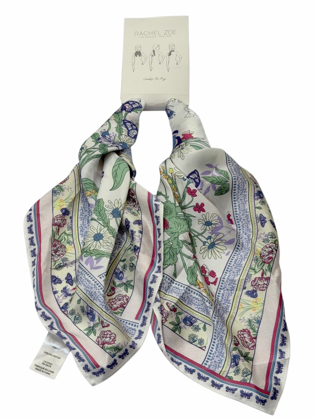 Rachel Zoe White Floral Silk feel Bandana Scarf with Green and Blue Accents